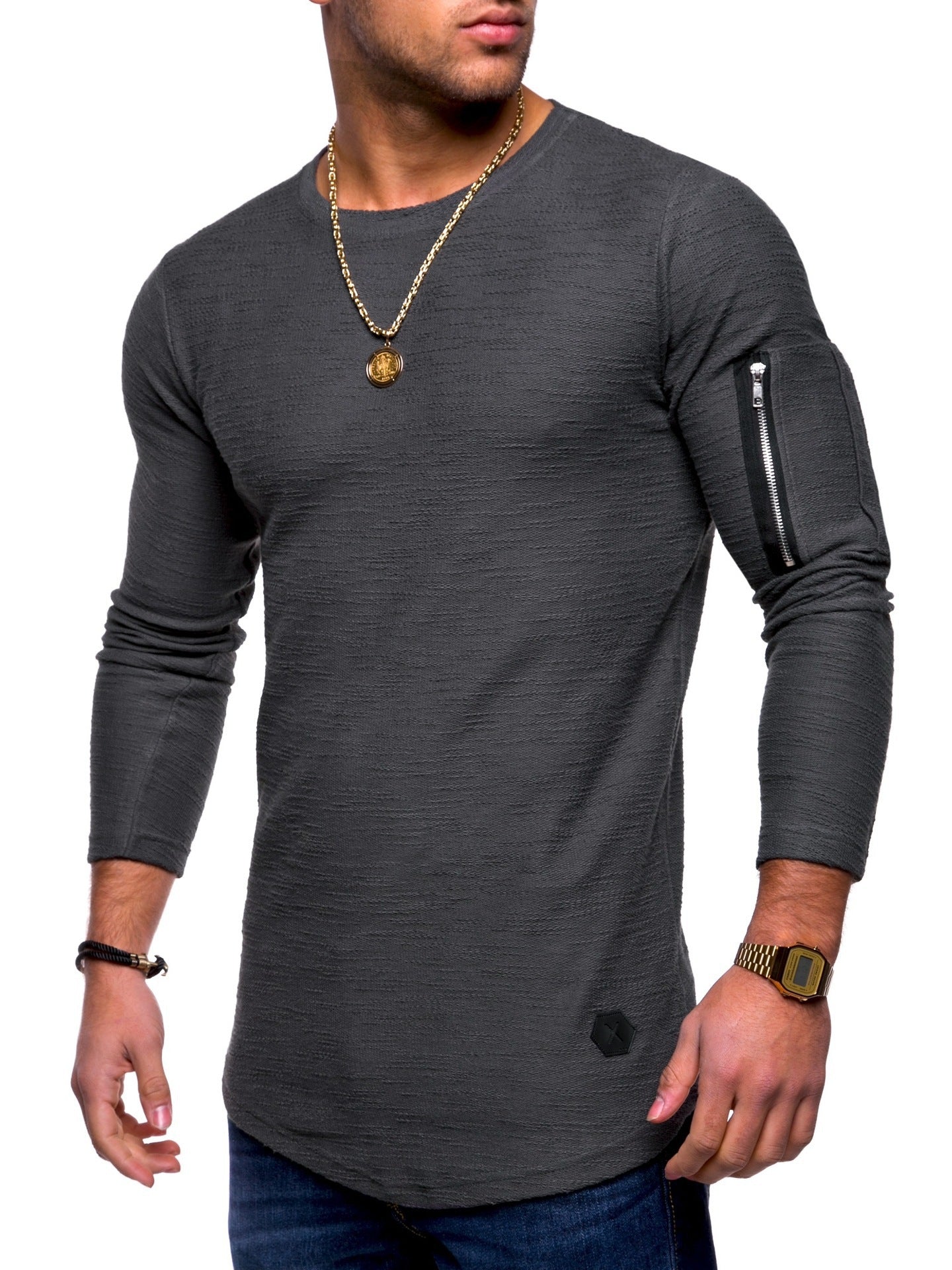 2021 foreign trade slim round neck men's long-sleeved t-shirt arm zipper personality European and American style casual bottoming shirt t-shirt men
