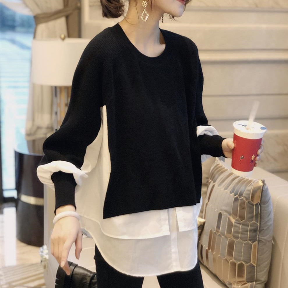 European station 2021 winter European goods women's sweater stitching shirt fake two-piece spring and autumn foreign style sweater outer wear
