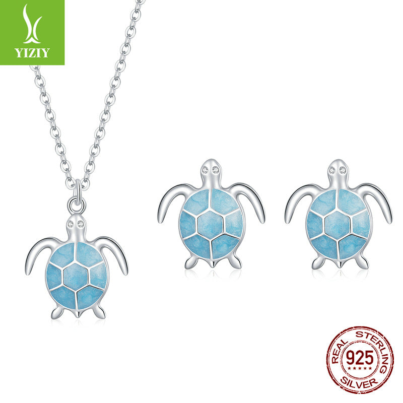 Original New Blue Turtle 925 Tremella Nail Necklace Set Creative Cute Animal Turtle Jewelry