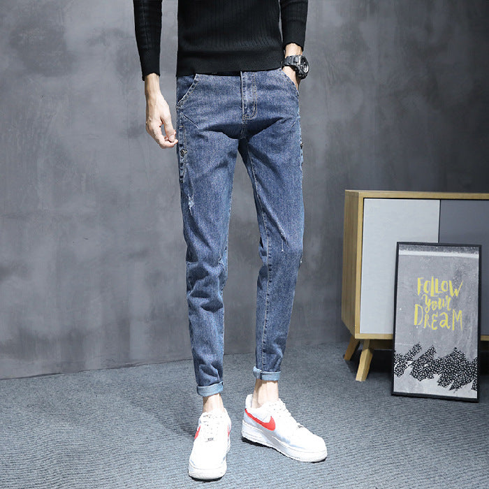 Jeans men's trousers men's Korean version of 2021 loose elastic feet pants fashion hundred casual long pants autumn pants