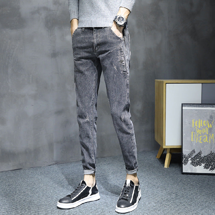 Jeans men's trousers men's Korean version of 2021 loose elastic feet pants fashion hundred casual long pants autumn pants