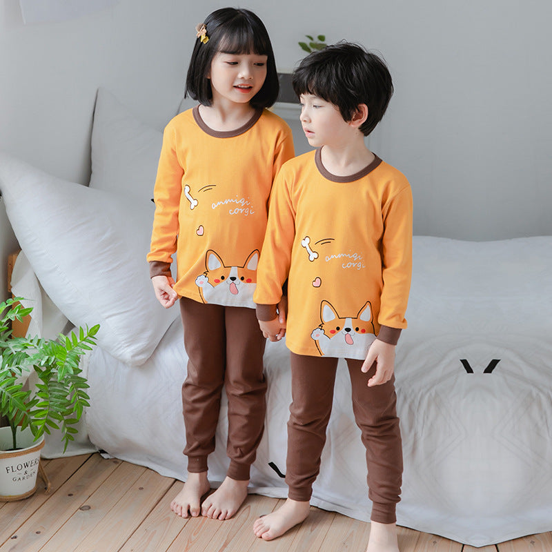 2021 children's autumn clothes and long trousers pure cotton boys and girls underwear set autumn and winter baby cotton round neck bottoming cotton sweater