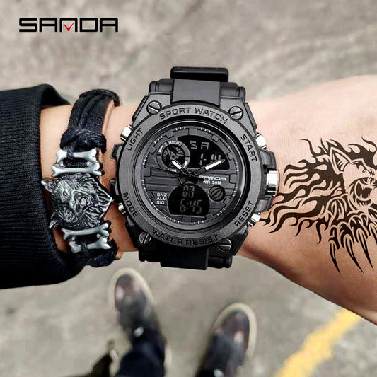 SANDA 739 outdoor sports dual display movement multi-kinetic energy electronic watch trendy male water luminous male watch