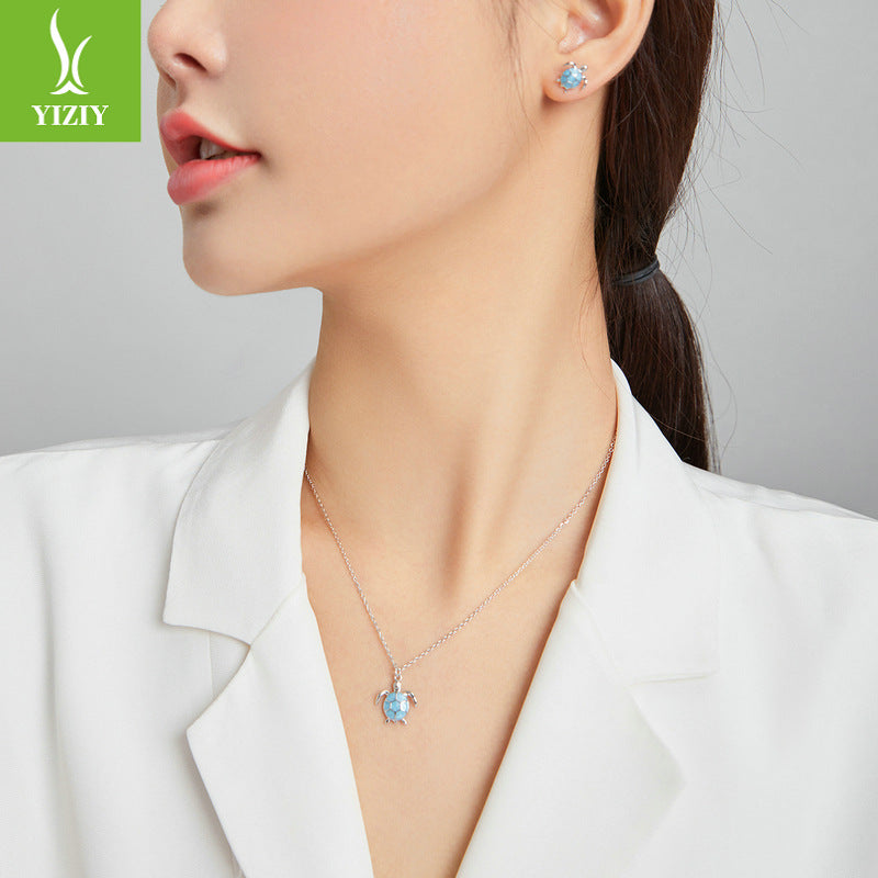 Original New Blue Turtle 925 Tremella Nail Necklace Set Creative Cute Animal Turtle Jewelry