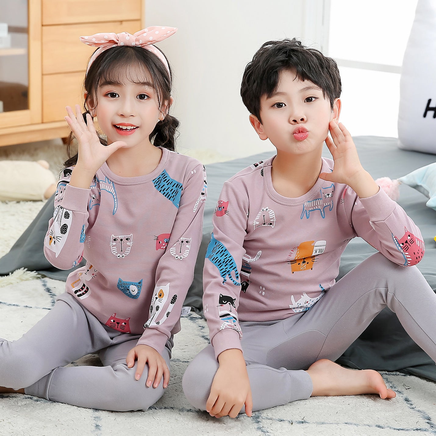 2021 children's autumn clothes and long trousers pure cotton boys and girls underwear set autumn and winter baby cotton round neck bottoming cotton sweater