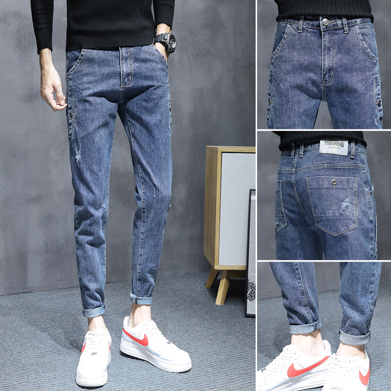 Jeans men's trousers men's Korean version of 2021 loose elastic feet pants fashion hundred casual long pants autumn pants