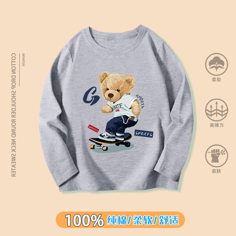Boy's T-shirt Explosive Style Children's 2021 Autumn/Winter New Product Korean Round Neck Children's Base Shirt Cartoon Print Top