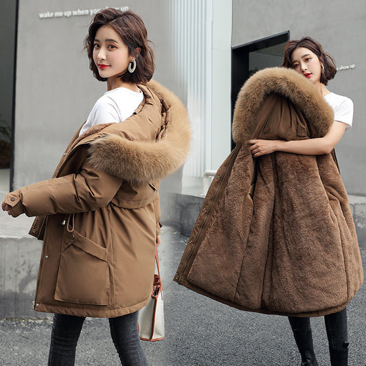 Down padded jacket women 2021 winter new style Korean thick padded jacket hooded big fur collar mid-length pie overcoming women