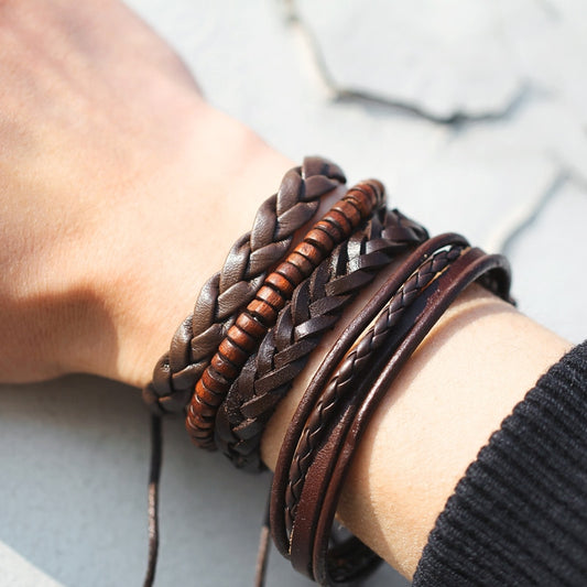 Vintage Leaf Feather Multilayer Leather Bracelet Men Fashion Braided Handmade Star Rope Wrap Bracelets & Bangles Male Gift