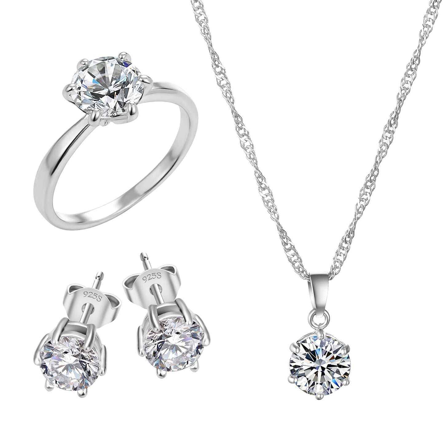 2018 Hot Sale Silver Color Fashion Jewelry Sets Cubic Zircon Statement Necklace & Earrings Rings Wedding Jewelry for Women Gift