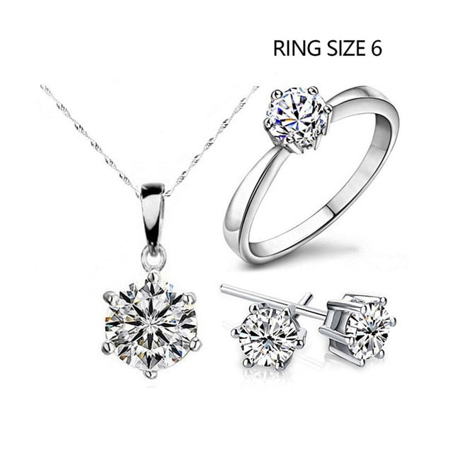 2018 Hot Sale Silver Color Fashion Jewelry Sets Cubic Zircon Statement Necklace & Earrings Rings Wedding Jewelry for Women Gift