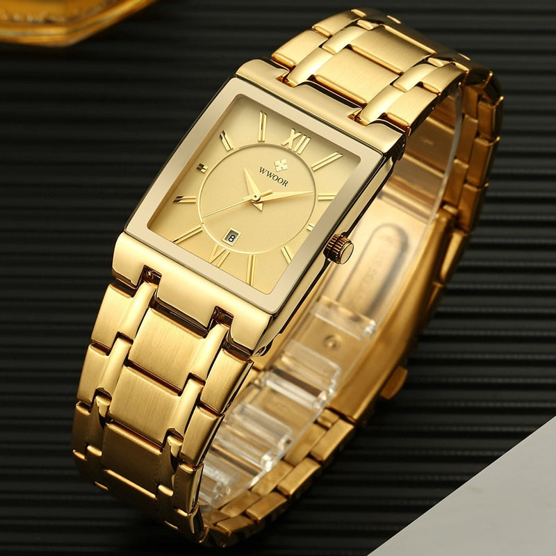 Relogio Masculino WWOOR Gold Watch Men Square Mens Watches Top Brand Luxury Golden Quartz Stainless Steel Waterproof Wrist Watch