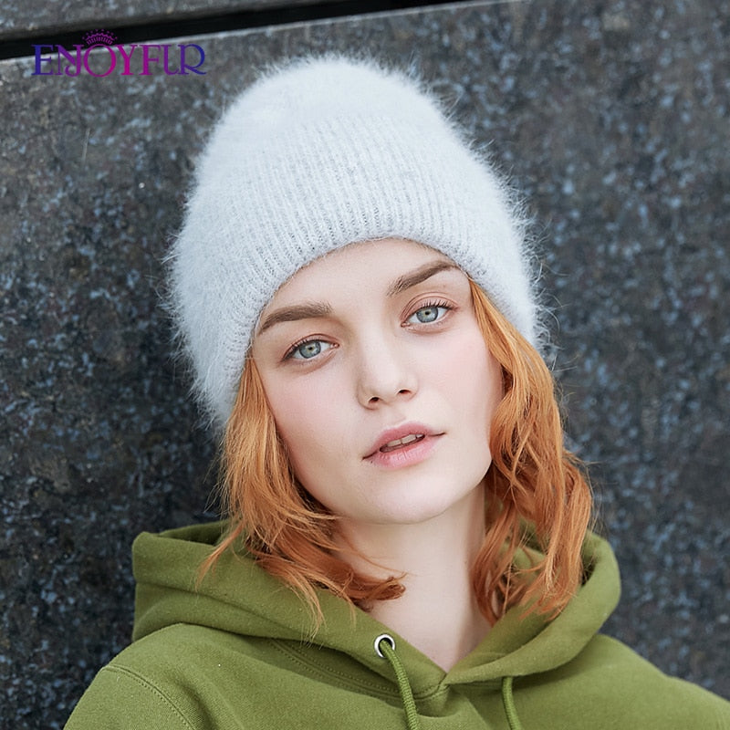 Winter hats for women warm long rabbit fur hair female caps fashion solid colors wide cuff young style beanies