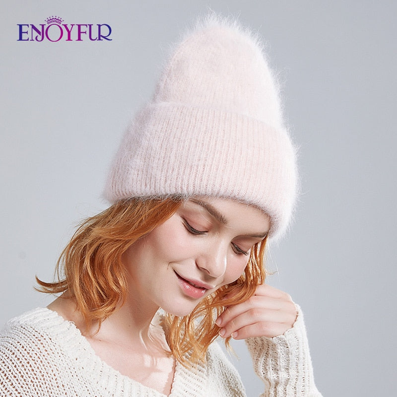 Winter hats for women warm long rabbit fur hair female caps fashion solid colors wide cuff young style beanies