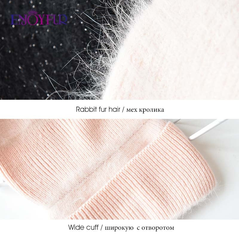 Winter hats for women warm long rabbit fur hair female caps fashion solid colors wide cuff young style beanies