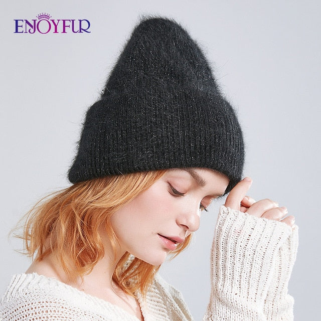 Winter hats for women warm long rabbit fur hair female caps fashion solid colors wide cuff young style beanies