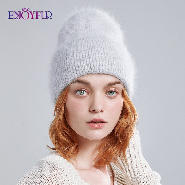 Winter hats for women warm long rabbit fur hair female caps fashion solid colors wide cuff young style beanies