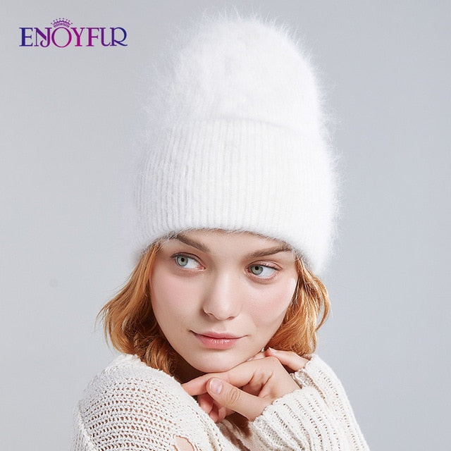 Winter hats for women warm long rabbit fur hair female caps fashion solid colors wide cuff young style beanies