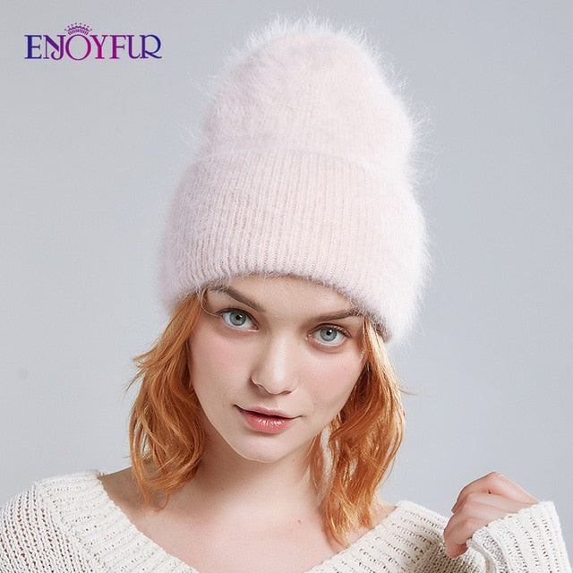 Winter hats for women warm long rabbit fur hair female caps fashion solid colors wide cuff young style beanies