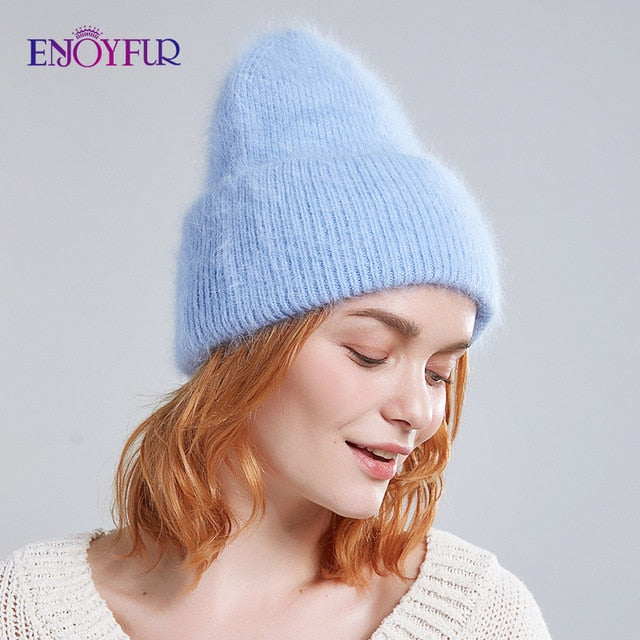Winter hats for women warm long rabbit fur hair female caps fashion solid colors wide cuff young style beanies