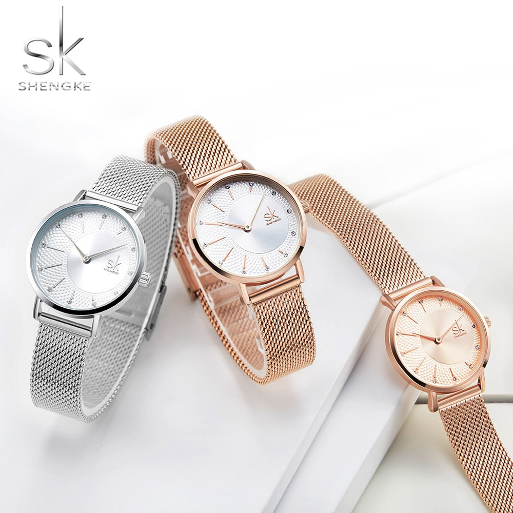 Shengke Quartz Watch Women Mesh Stainless Steel Watchband Casual Wristwatch Japan Movement Bayan Kol Saati Reloj Mujer 2019