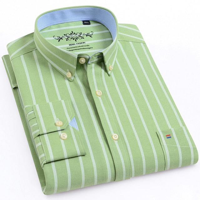 Men's Long Sleeve Oxford Plaid Striped Casual Shirt Front Patch Chest Pocket Regular-fit Button-down Collar Thick Work Shirts