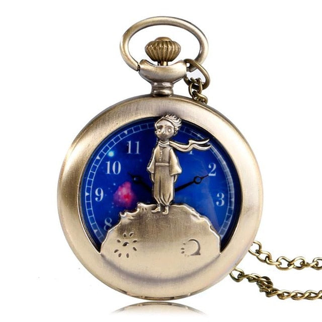 Hot Selling Classic The Little Prince Movie Planet Blue Bronze Vintage Quartz Pocket FOB Watch Popular Gifts for Boys Girls Kids