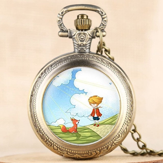 Hot Selling Classic The Little Prince Movie Planet Blue Bronze Vintage Quartz Pocket FOB Watch Popular Gifts for Boys Girls Kids