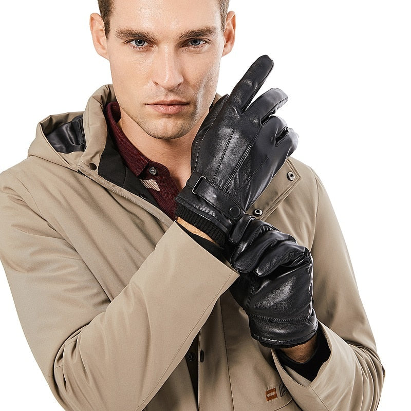 Men Genuine Sheepskin Leather Gloves Autumn Winter Warm Touch Screen Full Finger Black Gloves High Quality S019