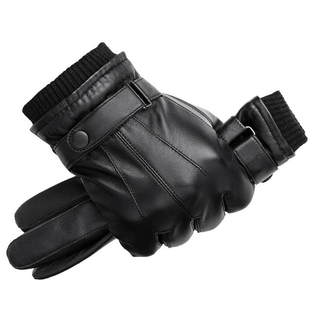 Men Genuine Sheepskin Leather Gloves Autumn Winter Warm Touch Screen Full Finger Black Gloves High Quality S019