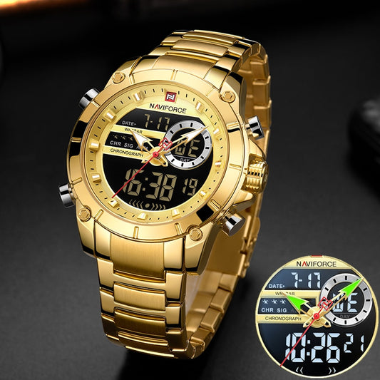 Men Military Sport Wrist Watch Gold Quartz Steel Waterproof Dual Display Male Clock Watches Relogio Masculino 9163