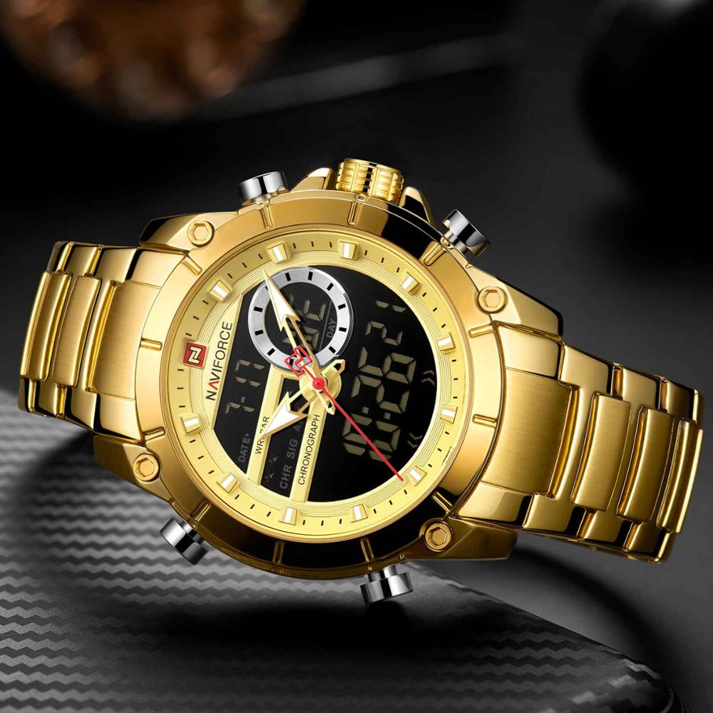 Men Military Sport Wrist Watch Gold Quartz Steel Waterproof Dual Display Male Clock Watches Relogio Masculino 9163