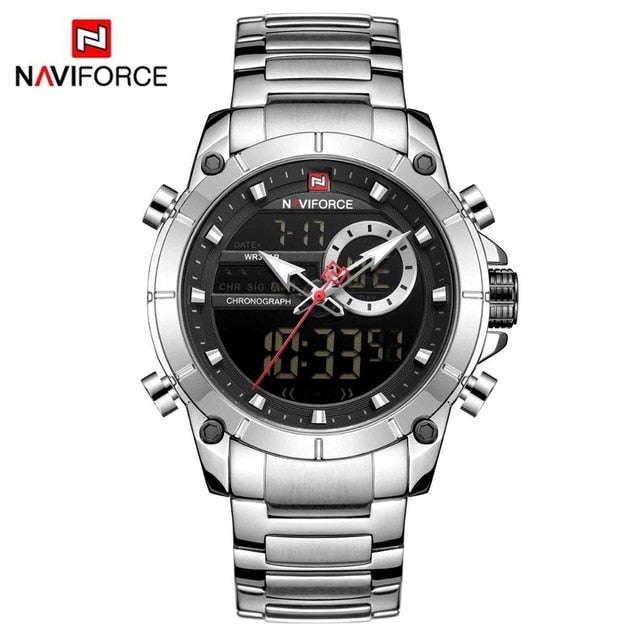 Men Military Sport Wrist Watch Gold Quartz Steel Waterproof Dual Display Male Clock Watches Relogio Masculino 9163