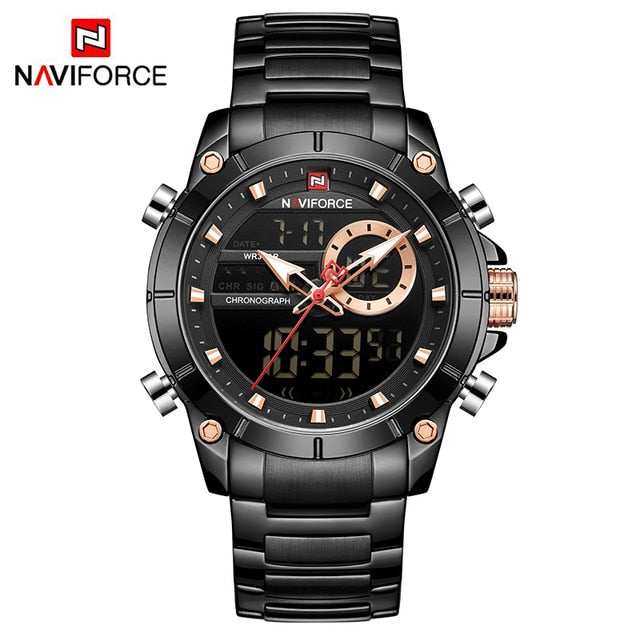 Men Military Sport Wrist Watch Gold Quartz Steel Waterproof Dual Display Male Clock Watches Relogio Masculino 9163
