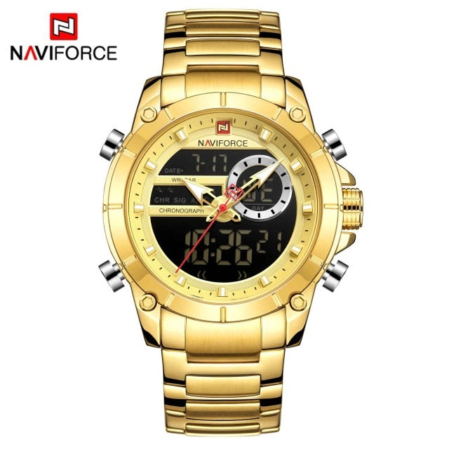 Men Military Sport Wrist Watch Gold Quartz Steel Waterproof Dual Display Male Clock Watches Relogio Masculino 9163
