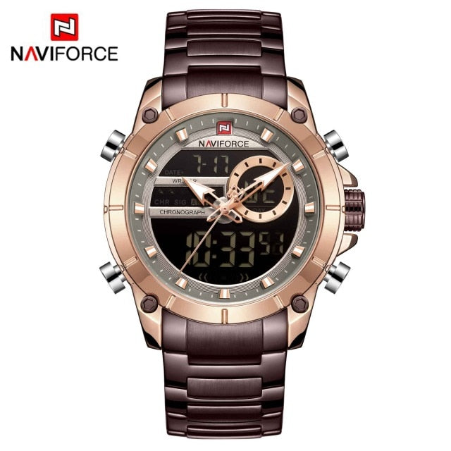 Men Military Sport Wrist Watch Gold Quartz Steel Waterproof Dual Display Male Clock Watches Relogio Masculino 9163