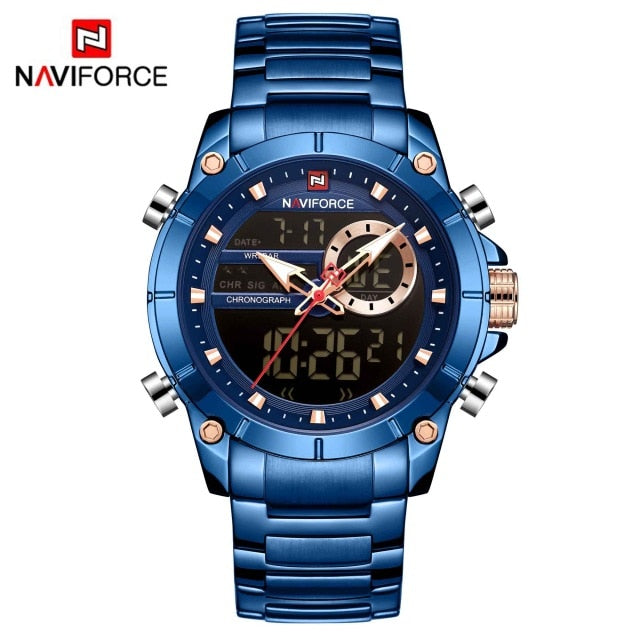 Men Military Sport Wrist Watch Gold Quartz Steel Waterproof Dual Display Male Clock Watches Relogio Masculino 9163