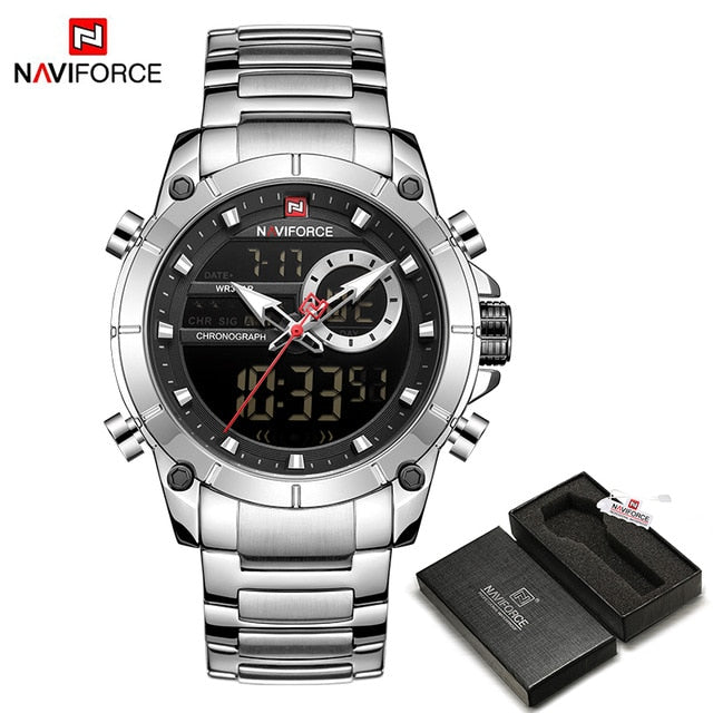 Men Military Sport Wrist Watch Gold Quartz Steel Waterproof Dual Display Male Clock Watches Relogio Masculino 9163