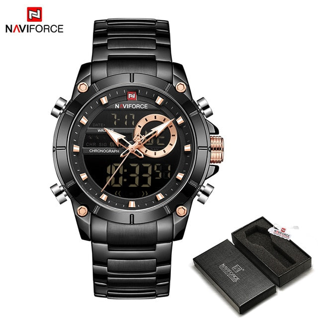 Men Military Sport Wrist Watch Gold Quartz Steel Waterproof Dual Display Male Clock Watches Relogio Masculino 9163