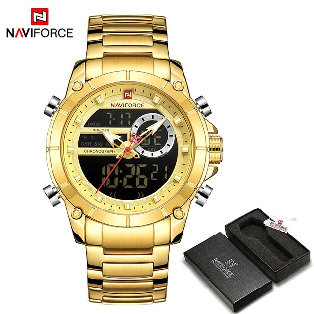 Men Military Sport Wrist Watch Gold Quartz Steel Waterproof Dual Display Male Clock Watches Relogio Masculino 9163