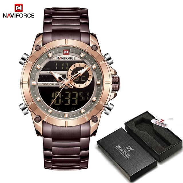 Men Military Sport Wrist Watch Gold Quartz Steel Waterproof Dual Display Male Clock Watches Relogio Masculino 9163