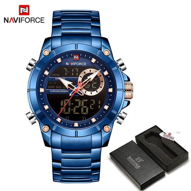 Men Military Sport Wrist Watch Gold Quartz Steel Waterproof Dual Display Male Clock Watches Relogio Masculino 9163