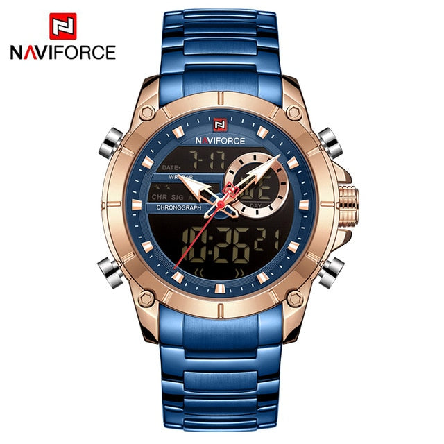 Men Military Sport Wrist Watch Gold Quartz Steel Waterproof Dual Display Male Clock Watches Relogio Masculino 9163
