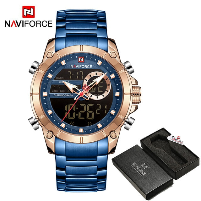 Men Military Sport Wrist Watch Gold Quartz Steel Waterproof Dual Display Male Clock Watches Relogio Masculino 9163