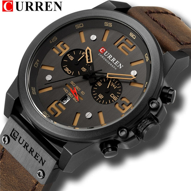 Mens Watches Top Luxury Brand Waterproof Sport Wrist Watch Chronograph Quartz Military Genuine Leather Relogio Masculino
