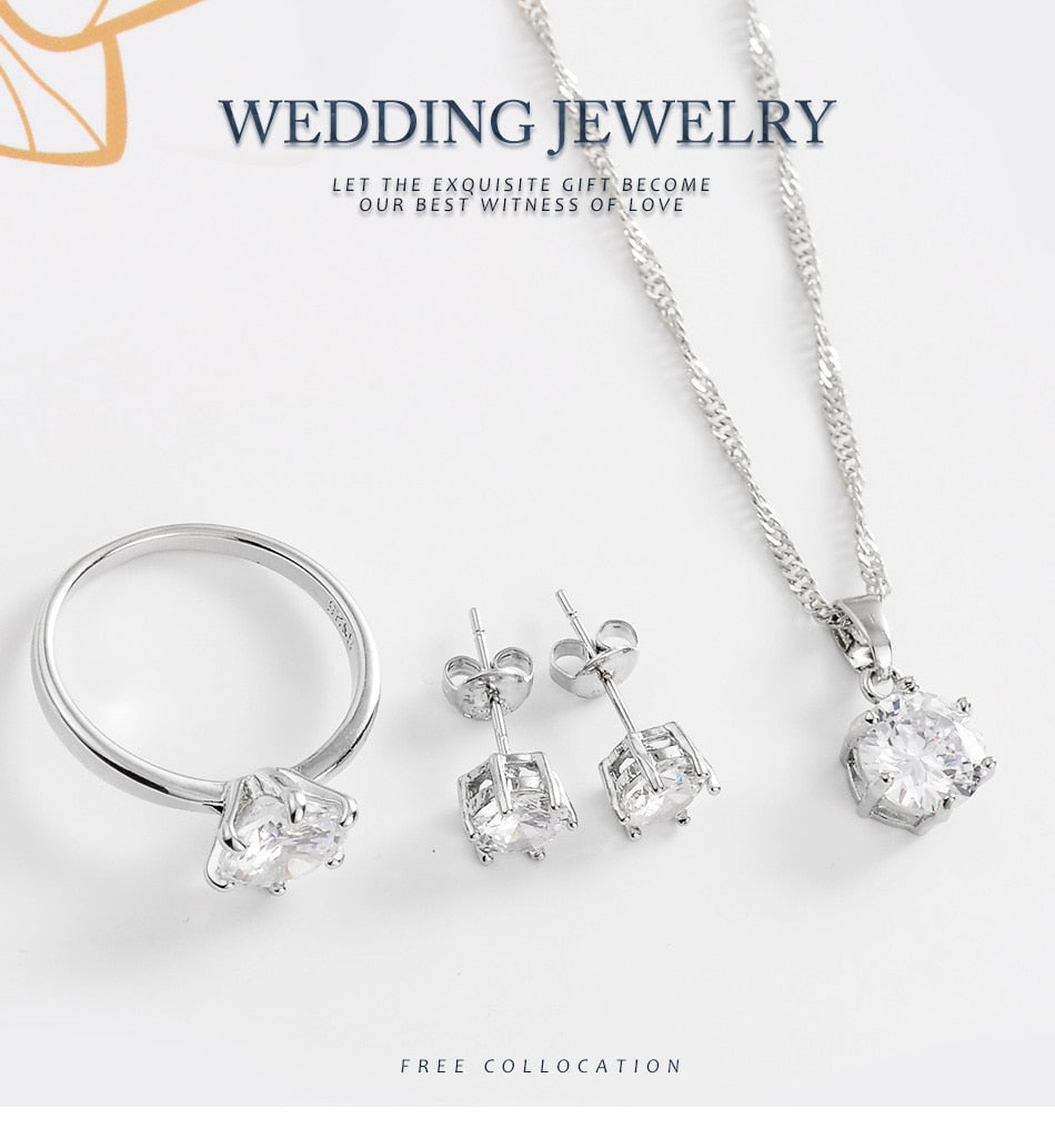 2018 Hot Sale Silver Color Fashion Jewelry Sets Cubic Zircon Statement Necklace & Earrings Rings Wedding Jewelry for Women Gift