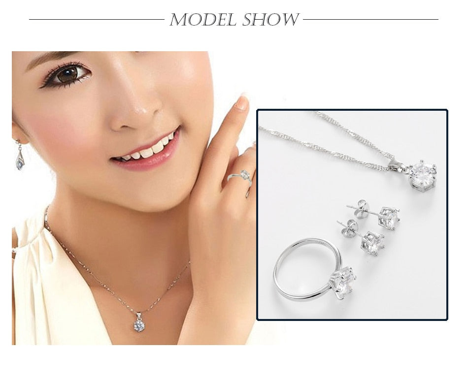 2018 Hot Sale Silver Color Fashion Jewelry Sets Cubic Zircon Statement Necklace & Earrings Rings Wedding Jewelry for Women Gift