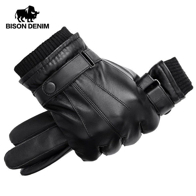 Men Genuine Sheepskin Leather Gloves Autumn Winter Warm Touch Screen Full Finger Black Gloves High Quality S019