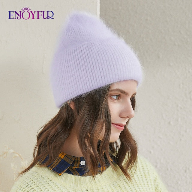 Winter hats for women warm long rabbit fur hair female caps fashion solid colors wide cuff young style beanies