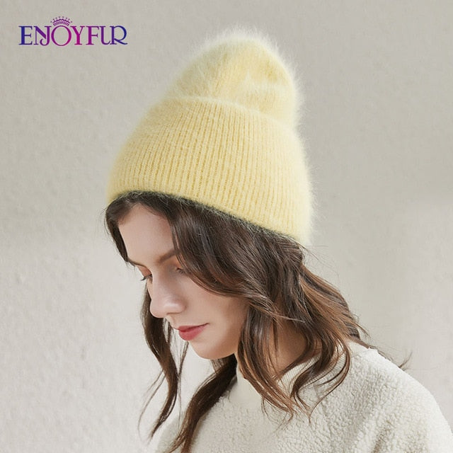 Winter hats for women warm long rabbit fur hair female caps fashion solid colors wide cuff young style beanies